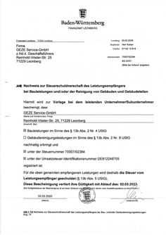GEZE Service GmbH Nachweis zur Steuerschuldnerschaft des Leistungsempfängers bei Bauleistungen nach § 13b UStG bis 2023
