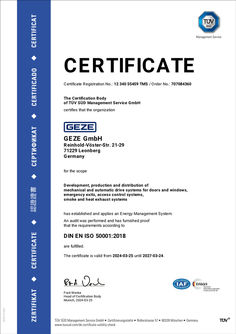 TÜV certificate Energy Management System ISO 50001 GEZE GmbH