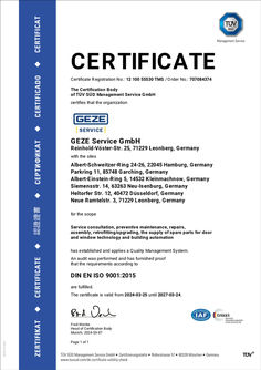 TÜV certificate Quality Management System ISO 9001 GEZE Service GmbH