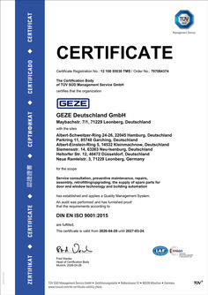 TÜV certificate Quality management system ISO 9001 GEZE Service GmbH