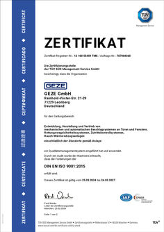 TÜV Zertifikat Qualitätsmanagementsystem ISO 9001 GEZE GmbH