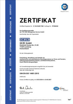 TÜV Zertifikat Umweltmanagementsystem ISO 14001 GEZE GmbH
