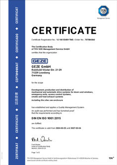 TÜV certificate Quality Management System ISO 9001 GEZE GmbH