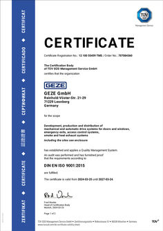 TÜV certificate Quality management system ISO 9001 GEZE GmbH