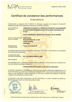 Certificat de constance des performances 0672-CPR-0110 Bras à coulisse E et bras à coulisse R pour ferme-porte en applique