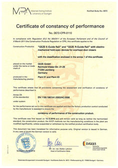 Certificate of constancy of performance 0672-CPR-0110 E guide rail and R guide rail for overhead door closers