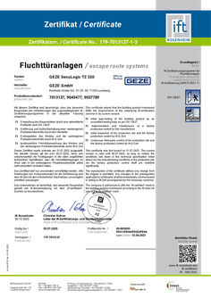 Zertifikat SecuLogic-Rettungswegsystem TZ 320 EN 13637:2015 (179-7013137-3)