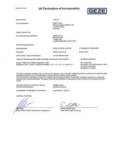 E 170 230 V and E 212 declaration of installation