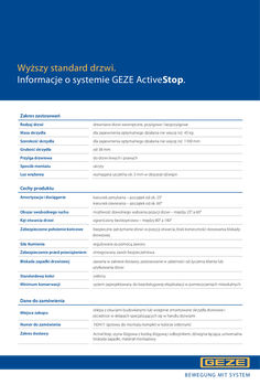 Ulotka folder GEZE ActiveStop, dane techniczne