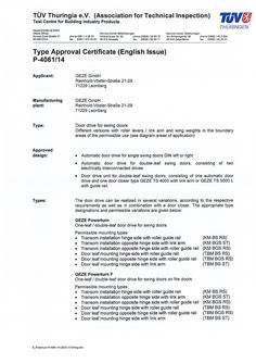 TÜV type approval certificate P-4061/14 GEZE Powerturn/GEZE Powerturn F