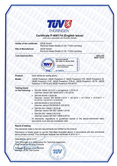 TÜV certificate no. P-4061/14 Powerturn, Powerturn F, Powerturn F-IS, Powerturn F/R, Powerturn F/R-IS door drive for swing doors