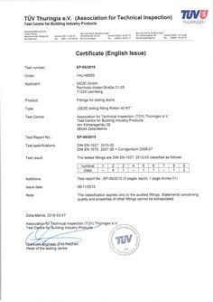 TÜV certificate EP 06/2015 GEZE sliding door fitting Rollan 40 NT