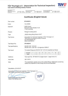 TÜV certificate EP 06/2015 GEZE sliding door fitting Rollan 40 NT