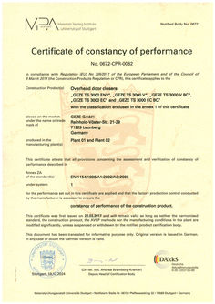 Certificate of constancy of performance 0672-CPR-0082 TS 3000 EN 3, TS 3000 V, TS 3000 VBC, TS 3000 EC and TS 3000 EC BC