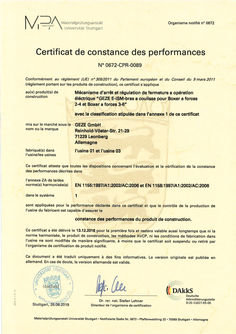 Certificat de constance des performances 0672-CPR-0089 bras à coulisse E-ISM pour Boxer ferme-porte intégré
