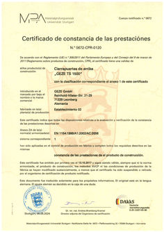 Certificado de constancia del rendimiento TS 1500 BC