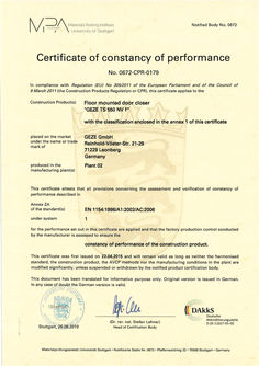 Certificate of constancy of performance 0672-CPR-0179 TS 550 NV F