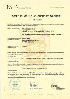 Zertifikat der Leistungsbeständigkeit Nr. 0672-CPR-0060 Obentürschließer GEZE TS 4000 R und GEZE TS 4000 RFS