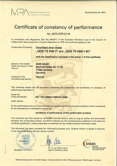 Certificate of constancy of performance TS 2000 V TS 2000 VBC Door closer