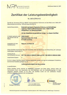 Zertifikat der Leistungsbeständigkeit 0672-CPR-0112 E-ISM-Gleitschiene und R-ISM-Gleitschiene Obentürschließer