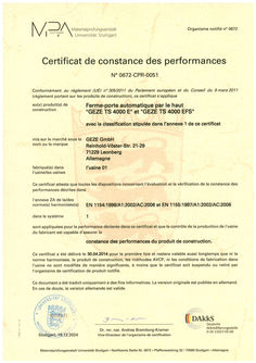 Certificat de constance des performances 0672-CPR-0051 TS 4000 E, TS 4000 EFS