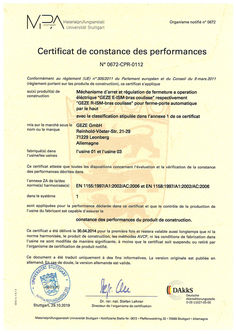 Certificat de constance des performances 0672-CPR-0112 bras à coulisse E-ISM et bras à coulisse R-ISM pour ferme-porte en applique