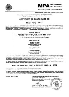 Certificat certificat de conformité 0672 - CPD - 0077 pivot de sol GEZE TS 550 E, GEZE TS 550 E-G