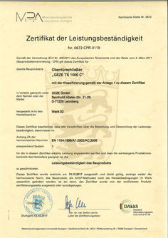 Zertifikat der Leistungsbeständigkeit TS 1000 C