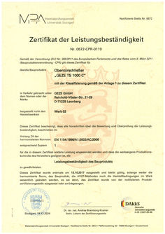 Zertifikat der Leistungsbeständigkeit TS 1000 C