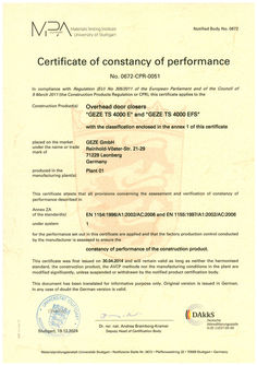 Certificate of constancy of performance 0672-CPR-0051 TS 4000 E, TS 4000 EFS