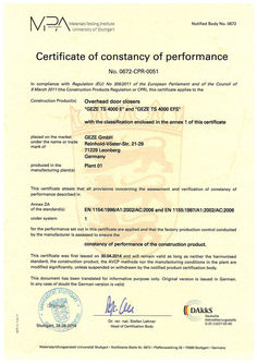 Certificate of constancy of performance 0672-CPR-0051 TS 4000 E, TS 4000 EFS