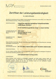 Zertifikat der Leistungsbeständigkeit Boxer EFS EN 4