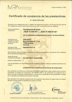Certificado de constancia del rendimiento n.º 0672-CPR-0106 cierrapuertas aéreo con brazo GEZE TS 2000 NV y GEZE 2000 NV BC