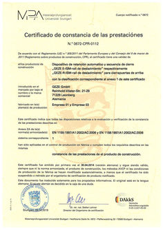 Certificado de constancia del rendimiento 0672-CPR-0112 guía E-ISM y guía R-ISM cierrapuertas aéreo