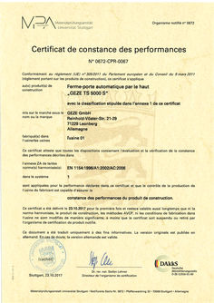 Certificat de constance des performances TS 5000 S