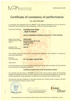 Certificate of constancy of performance TS 5000 S