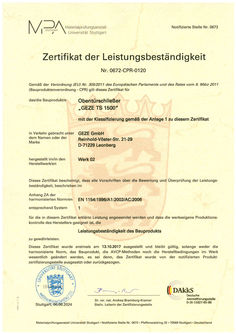 Zertifikat der Leistungsbeständigkeit TS 1500
