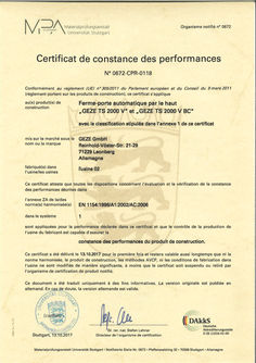 Certificat de constance des performances TS 2000 V TS 2000 VBC