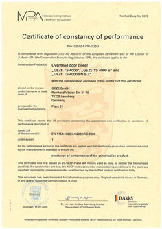 Certificate of constancy of performance No 0672-CPR-0050 overhead door closer GEZE TS 4000, GEZE TS 4000 S and GEZE TS 4000 EN 5-7