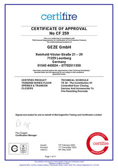 Certifire certificate No. CF 259 TS 500/TS 550 floor-mounted door closer series