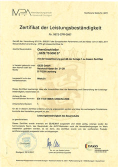 Zertifikat der Leistungsbeständigkeit TS 5000 S