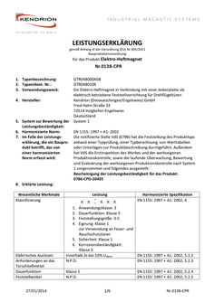 LEISTUNGSERKLÄRUNG  Elektro-Haftmagnet Nr.0138-CPR