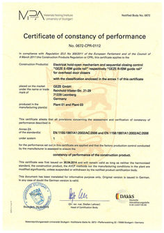 Certificate of constancy of performance 0672-CPR-0112 overhead door closers E-ISM guide rail and R-ISM guide rail