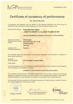 Certificate of constancy of performance TS 2000 NV TS 2000 NVBC