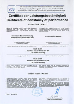 VdS Zertifikat der Leistungsbeständigkeit MBZ 300