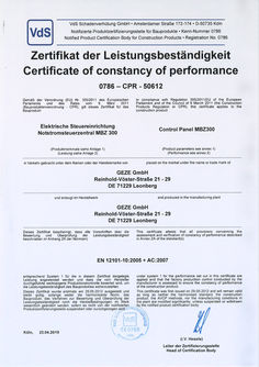 VdS certificate of constancy of performance MBZ 300