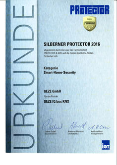Urkunde Silberner Protector 2016 IQ box KNX