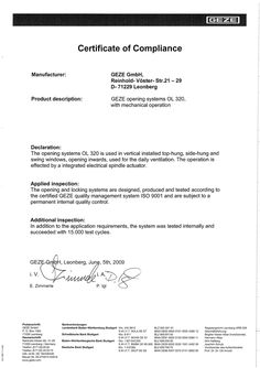 Declaration of conformity OL 320 opening system with mechanical activation