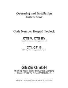 Operating and code number keypad Toplock CTS V, CTS BV CTI, CTI B