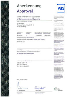 VdS-Zertifikat Anerkennung IQ lock/Klasse A Zylinderschloss